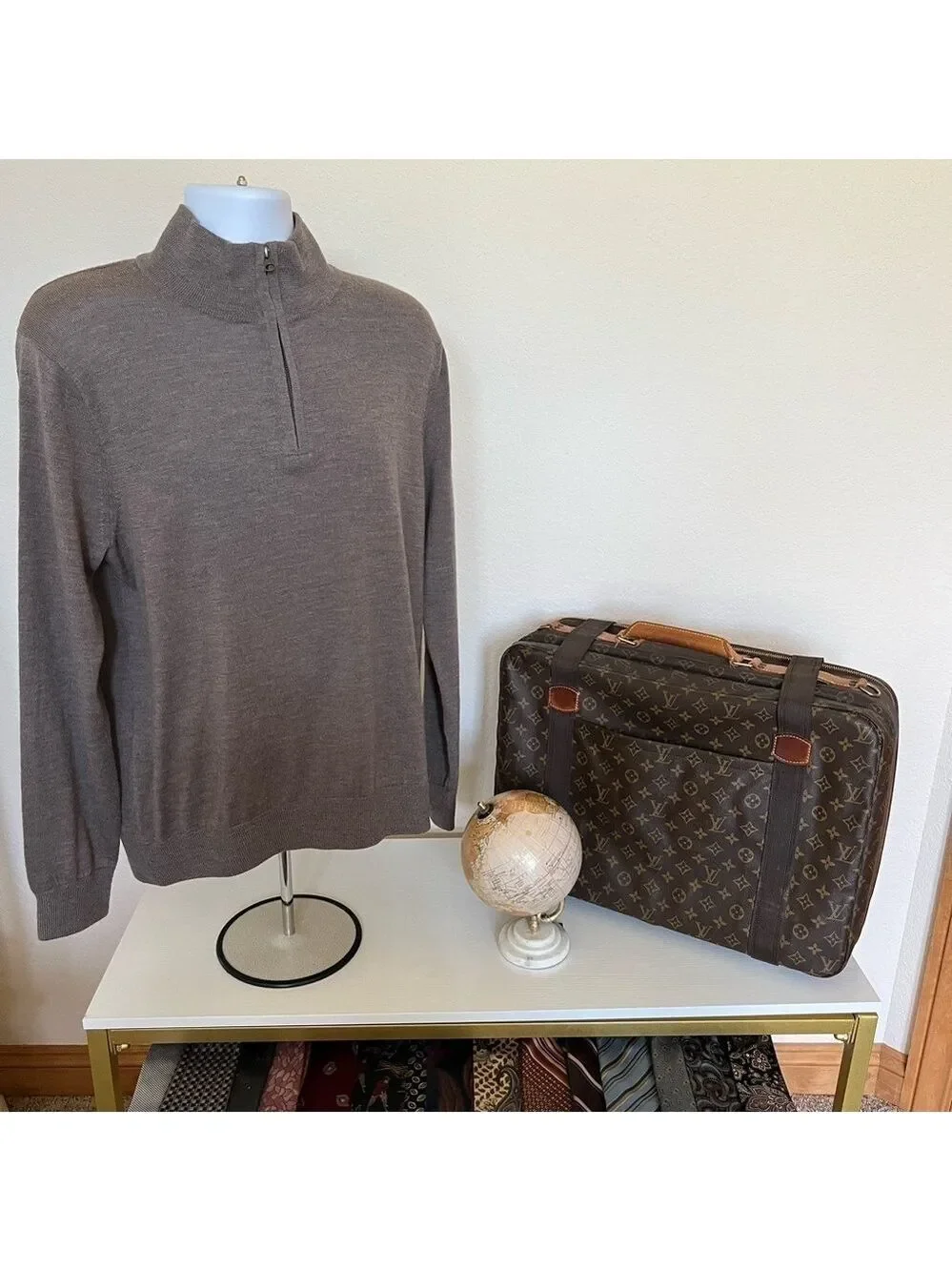 NWOT J. Crew Taupe Quarter Zip Sweater 100% Italian Merino Wool Sz L